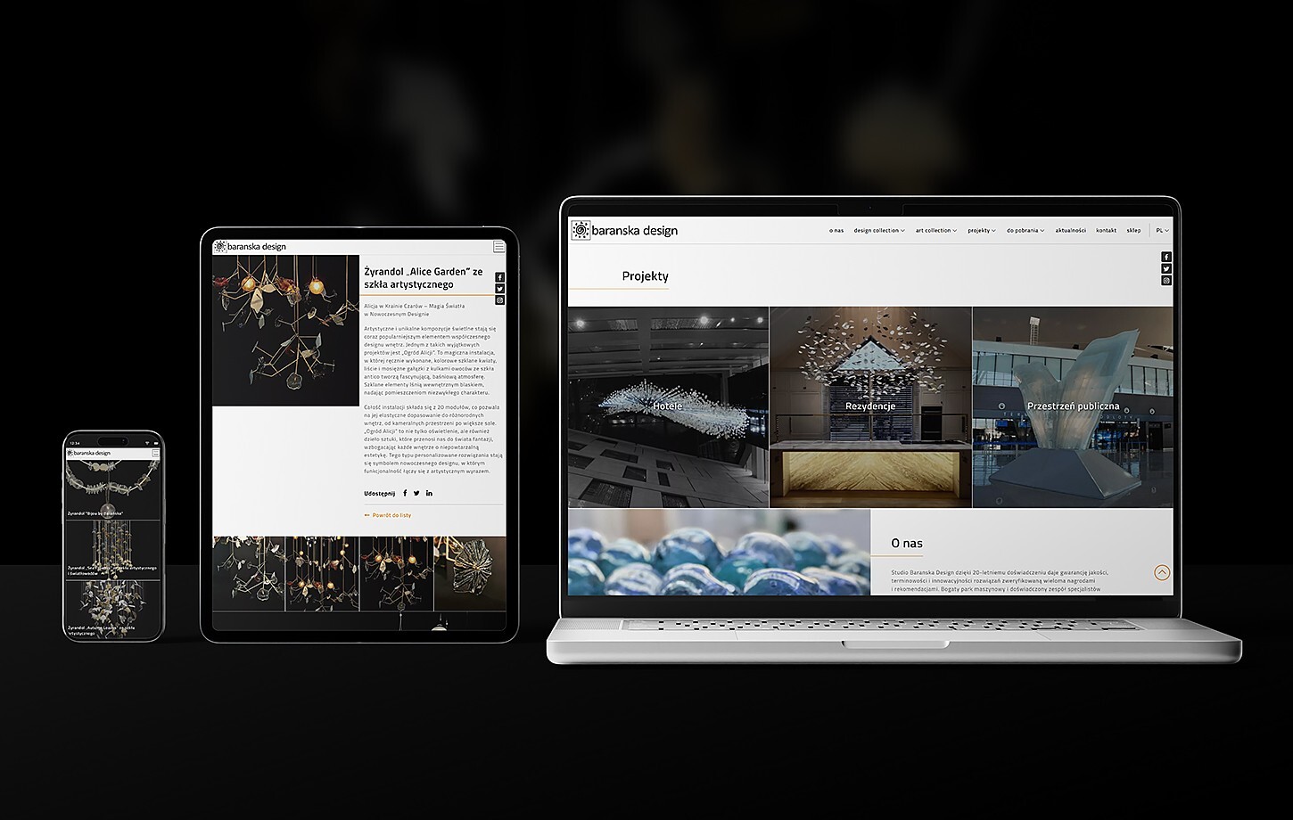 Website for Barańska Design – Bespoke glass art and lighting